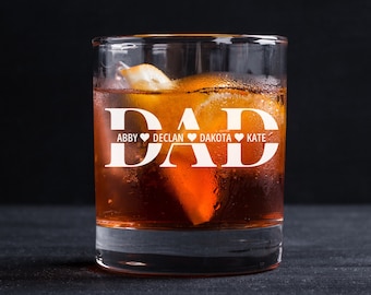 Personalised Whiskey Glass for Dad With Kids Names Custom Engraved Bourbon Glass Whiskey Lover Fathers Day Gift for Dad Birthday Gift