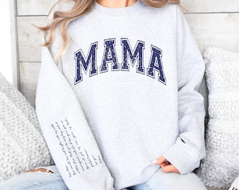 Custom Mama Sweatshirt with sleeve Print, Personalized Mom Gift from Kids, Custom Mom Sweater, Gift for New Mom, Mothers Day Gift for Wife