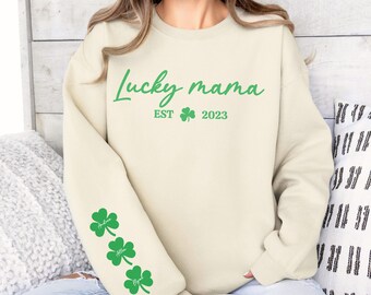 Custom Lucky Mama Shamrocks Sweatshirt, Personalized Mom Sweatshirt With Kids Names On Sleeve, St Patrick's Day Shirt, Lucky Mom Sweater,