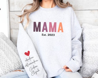 Personalized Mama Sweatshirt with Kids Names on Sleeve, Custom Mom Sweatshirt Gift for Mom, Momma Sweater Birthday Presents for Mom