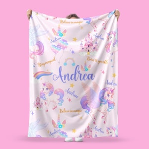 Unicorn Blanket Custom Baby Girl Name Blanket Personalized Kid Blanket With Name Toddler Gift for Baby Shower Christmas Gift Keepsake blanke