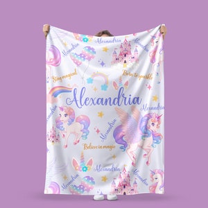 Unicorn Blanket Custom Baby Girl Name Blanket Personalized Kid Blanket With Name Toddler Gift for Baby Shower Christmas Gift Keepsake blanke