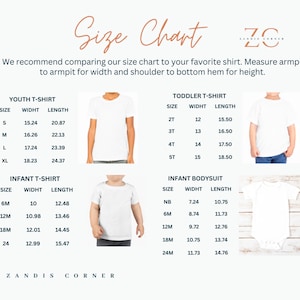 May include: Size chart for youth, toddler, and infant t-shirts and bodysuits. The chart lists sizes and corresponding width and length measurements in inches.