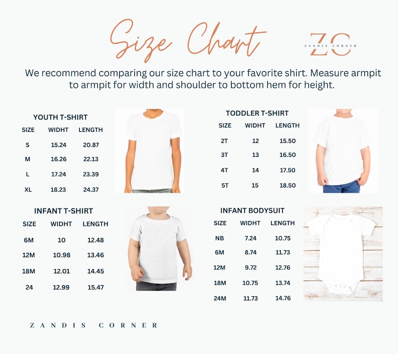 May include: Size chart for youth, toddler, and infant t-shirts and bodysuits. The chart lists sizes and corresponding width and length measurements in inches.