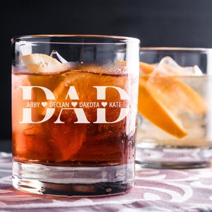 Personalised Whiskey Glass for Dad With Kids Names Custom Engraved Bourbon Glass Whiskey Lover Fathers Day Gift for Dad Birthday Gift image 2