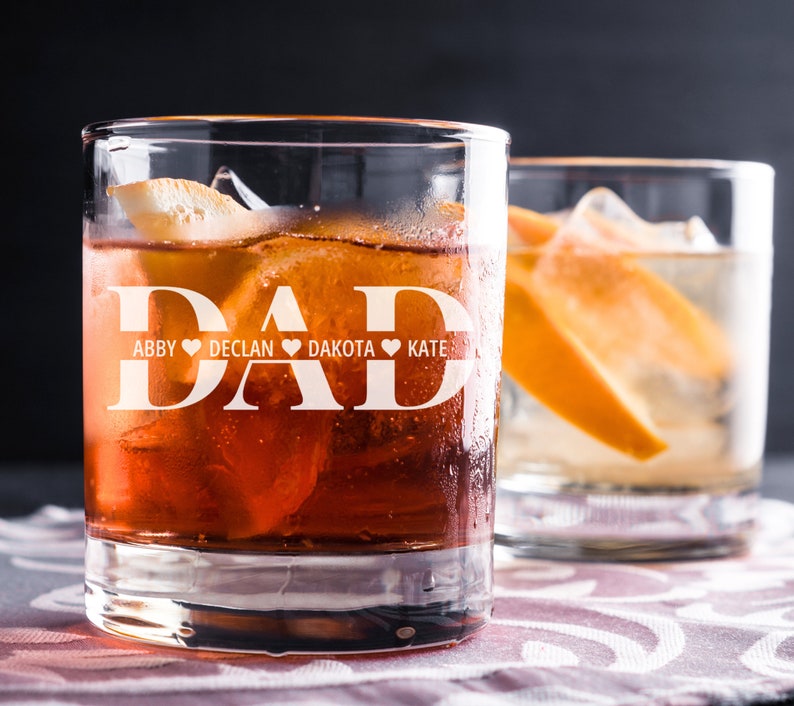 Personalised Whiskey Glass for Dad With Kids Names Custom Engraved Bourbon Glass Whiskey Lover Fathers Day Gift for Dad Birthday Gift image 2