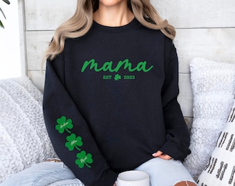 Custom Lucky Mama Shamrocks Sweatshirt, Personalized Mom Sweatshirt With Kids Names On Sleeve, St Patrick's Day Shirt, Lucky Mom Sweater,