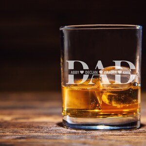 Personalised Whiskey Glass for Dad With Kids Names Custom Engraved Bourbon Glass Whiskey Lover Fathers Day Gift for Dad Birthday Gift image 3