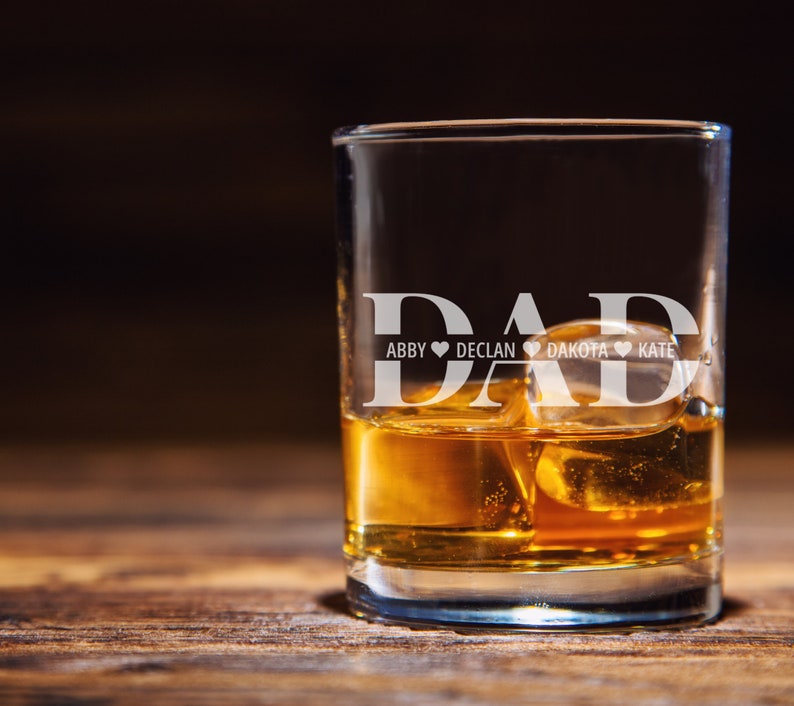 Personalised Whiskey Glass for Dad With Kids Names Custom Engraved Bourbon Glass Whiskey Lover Fathers Day Gift for Dad Birthday Gift image 3