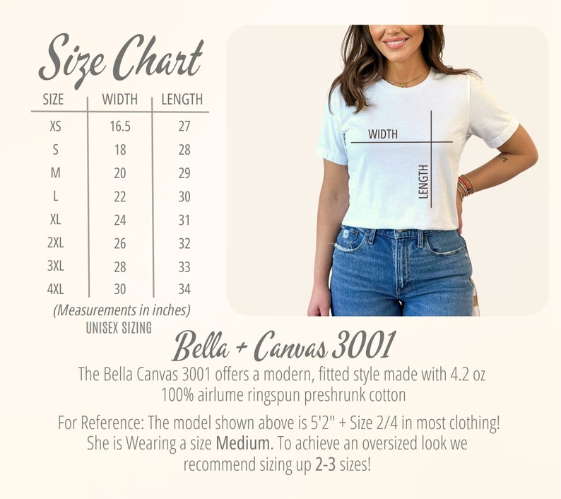 Pode incluir: Tabela de tamanhos para uma camiseta unissex Bella + Canvas 3001. A tabela mostra as medidas de largura e comprimento em polegadas para os tamanhos XS a 4XL. A modelo est&aacute; usando uma camiseta tamanho M.