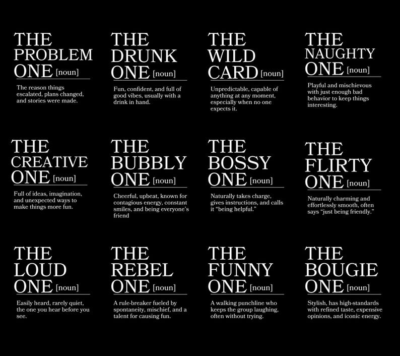 May include: A black poster featuring white text describing various personality types, including "The Creative One," "The Bossy One," and "The Flirty One." Each description is under a title in a bold, serif font.