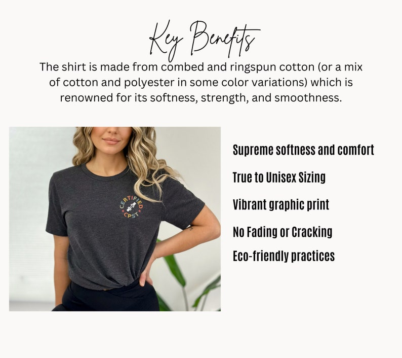 Pode incluir: Uma camiseta cinza escura com uma estampa gr&aacute;fica colorida que diz "Certified CPST". A camiseta &eacute; feita de algod&atilde;o penteado e ringspun, conhecido por sua maciez, resist&ecirc;ncia e suavidade.