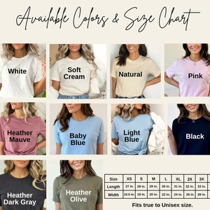 Pode incluir: Uma tabela de tamanhos para t-shirts unissex em uma variedade de cores, incluindo branco, creme, natural, rosa, malva heather, azul beb&ecirc;, azul claro, preto, cinza escuro heather e oliva heather. A tabela mostra as medidas de comprimento e largura em polegadas para os tamanhos XS a 4X.