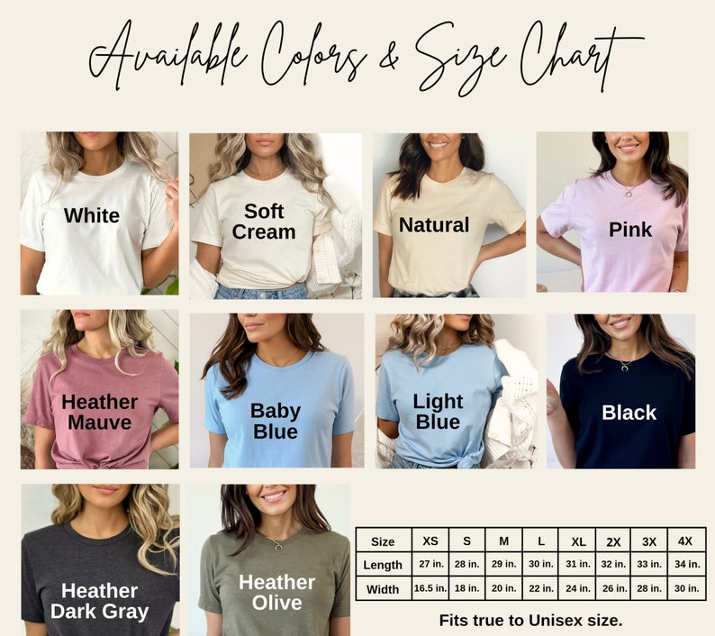 Pode incluir: Uma tabela de tamanhos para t-shirts unissex em uma variedade de cores, incluindo branco, creme, natural, rosa, malva heather, azul beb&ecirc;, azul claro, preto, cinza escuro heather e oliva heather. A tabela mostra as medidas de comprimento e largura em polegadas para os tamanhos XS a 4X.