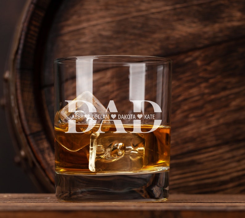 Personalised Whiskey Glass for Dad With Kids Names Custom Engraved Bourbon Glass Whiskey Lover Fathers Day Gift for Dad Birthday Gift image 4