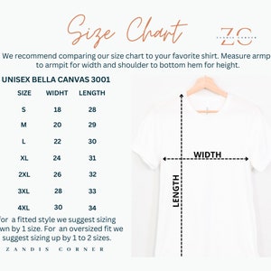 May include: Size chart for unisex Bella Canvas 3001 t-shirts. The chart shows the width and length measurements in inches for sizes S through 4XL.
