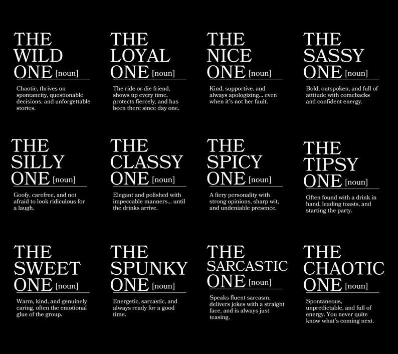 May include: A black and white graphic featuring text describing various personality types, including "The Wild One," "The Loyal One," and "The Sassy One." Each description is under the title.