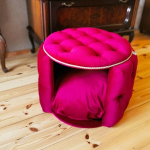 Pink dog pouf Ottoman footstool Large dog bed Velvet cat house Velour Pouffe Chesterfield dog cave with cushion Pet furniture