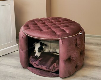 Chesterfield Hundebett Pouf Großes Hundehaus Ottoman Velour Pouff Fußhocker Samt Katzenhöhle Runde Hundemöbel