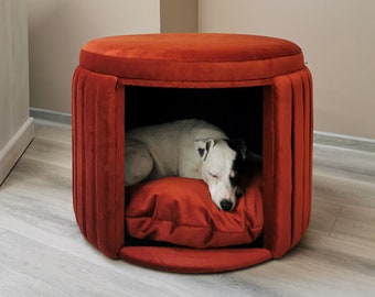 Moderne Hundehütte Samt Hundebett mit Kissen Ottoman Velour Katzenhöhle Fußhocker Haustier Möbel