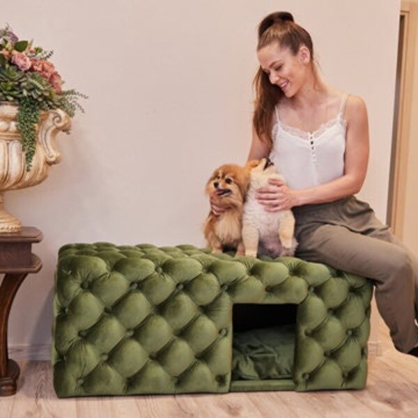 Banc de velours avec grotte de chien Chesterfield lit pour chien ottoman Meubles pour chiens hydrofuges Velour Indoor niche