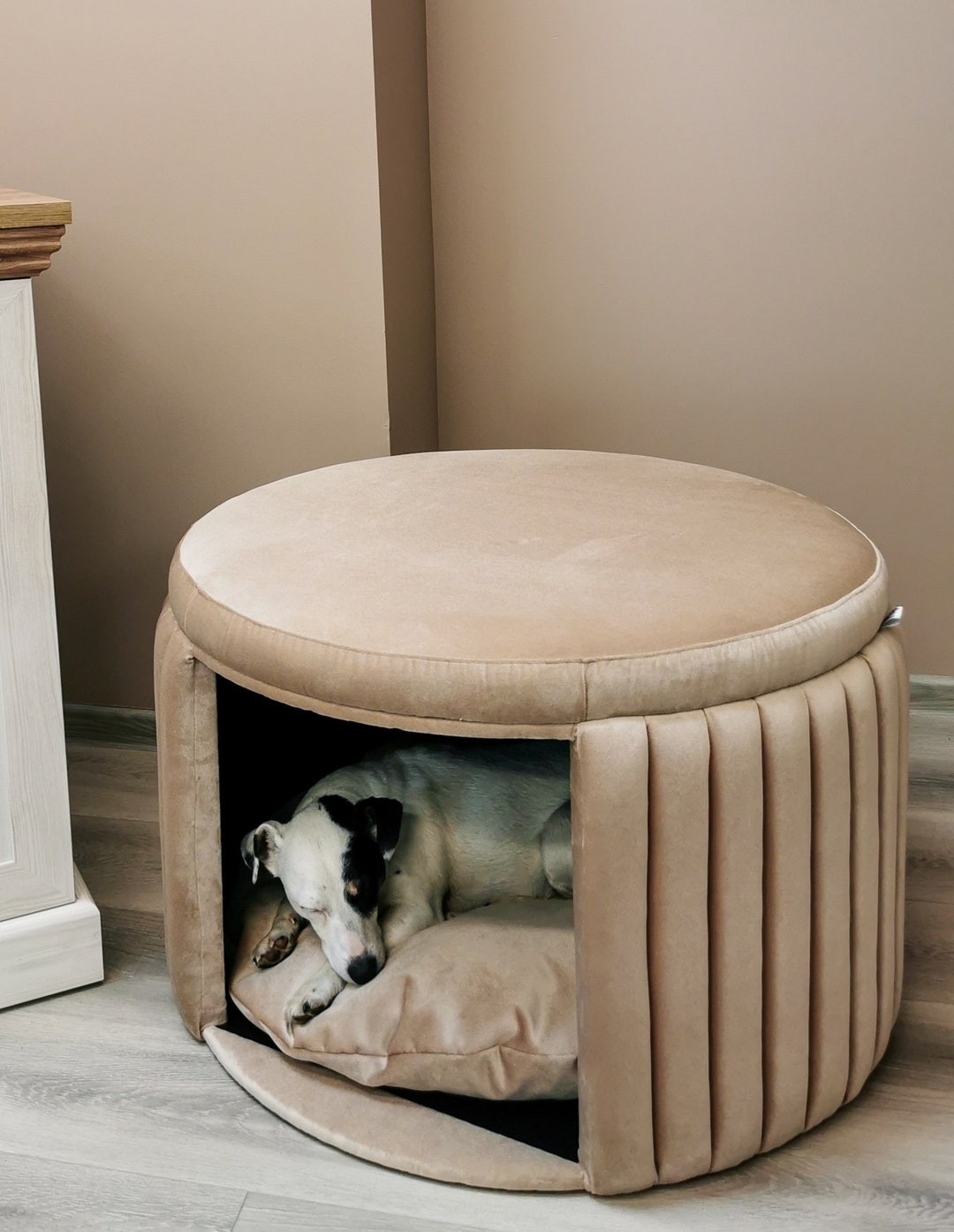 Velvet Dog House Bed With Cushion Ottoman Pouffe Velour Cat Cave Modern