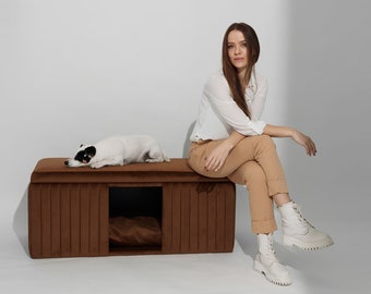 Velvet bench with dog cave Modern Velour dog bed Water repellent dog furniture Modern Indoor cat house