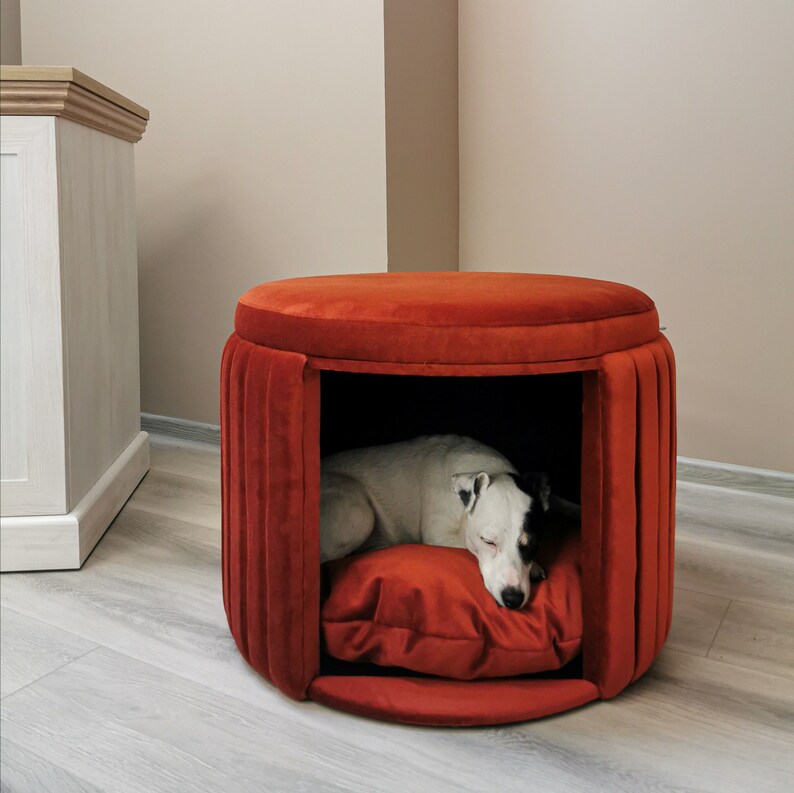 Modern Dog House Velvet Dog Bed With Cushion Ottoman Velour Cat Cave