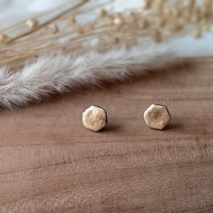 Gold leaf hexagonal stud earrings, black polymer clay, stainless steel studs and pushers, handmade, gifts