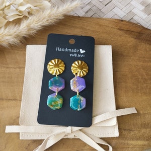 Polymer clay and stainless steel earrings for women, green and purple colors, unique and handmade designer jewelry