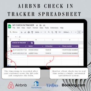 Pode incluir: Captura de tela de uma planilha digital intitulada "Airbnb Check In Tracker Spreadsheet". Mostra horários de check-in, nomes, números de identificação e números de telefone. A imagem inclui os logotipos da Airbnb, HomeAway, Vrbo e Booking.com.