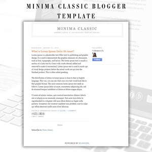 Op de afbeelding: Een witte webpaginasjabloon met de titel "MINIMA CLASSIC BLOGGER TEMPLATE" met de woorden "MINIMA CLASSIC" bovenaan. De pagina bevat tijdelijke tekst, een datum en een "Volgen"-knop. De sjabloon wordt aangedreven door Blogger.