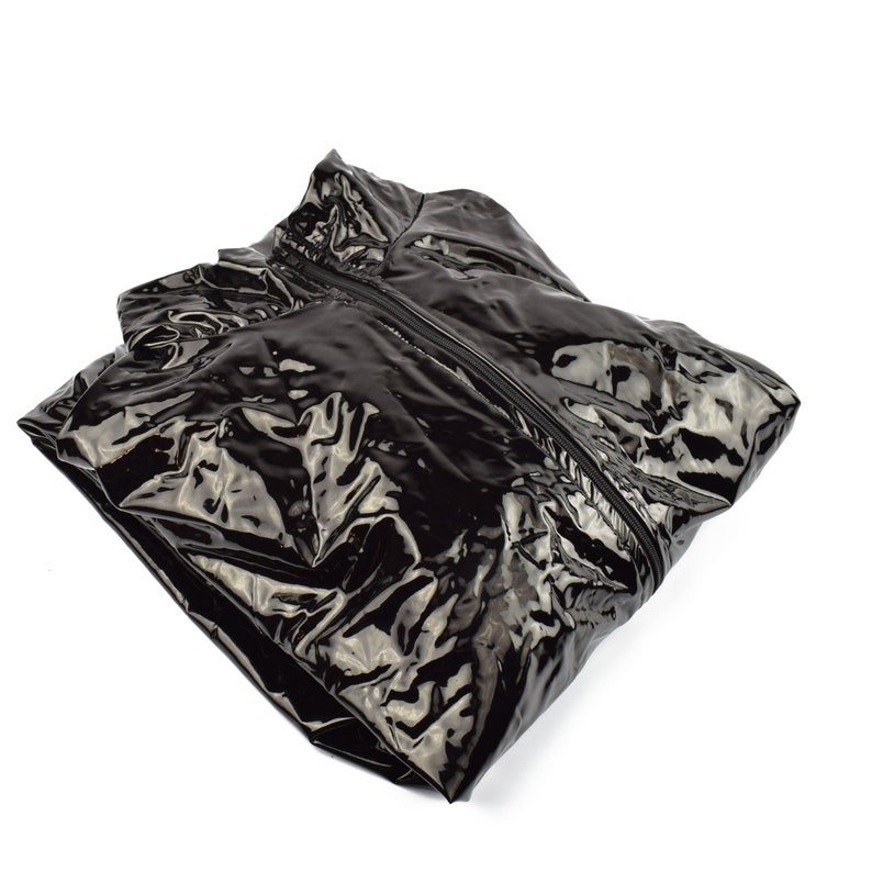 Rubberfashion Lack Catsuit ouvert - PVC Anzug Jumpsuit Overall langarm mit 3 Wege Reißverschluss für Herren und Damen Lack schwarz