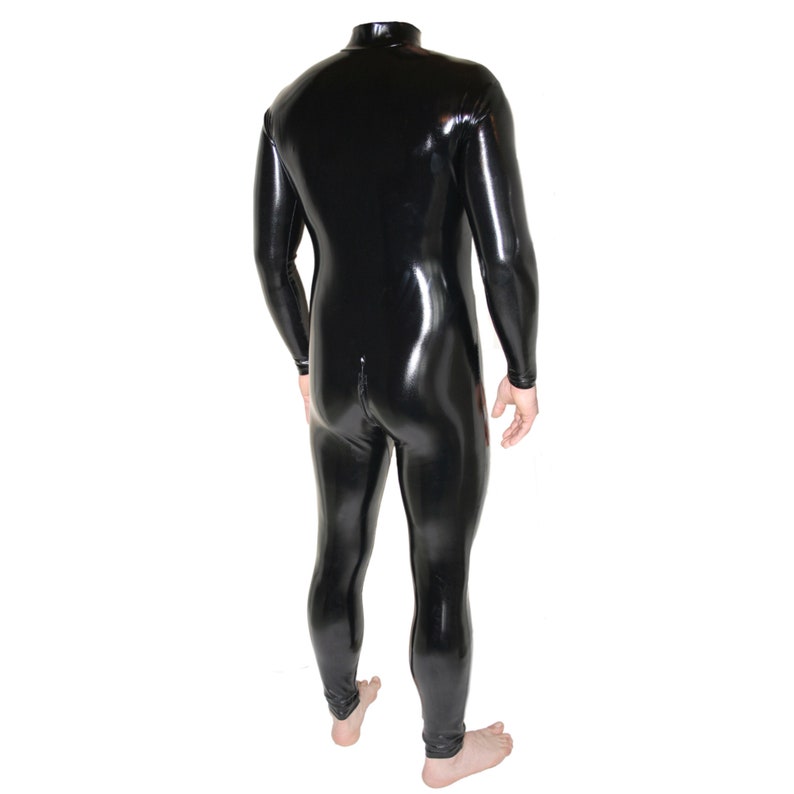 Rubberfashion Lack Catsuit ouvert - PVC Anzug Jumpsuit Overall langarm mit 3 Wege Reißverschluss für Herren und Damen Lack schwarz