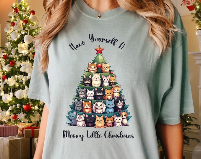 Featured listing image: Meowy Christmas Tee: Feline Holiday Style Shirt