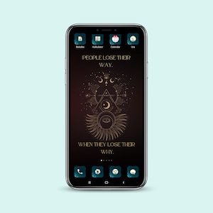 May include: A smartphone with a dark background and a gold geometric design. The text "PEOPLE LOSE THEIR WAY. WHEN THEY LOSE THEIR WHY." is displayed on the screen.