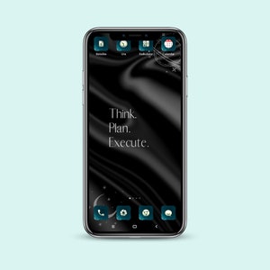 May include: A black smartphone with a dark blue and white abstract design. The phone has a black background with the text "Think. Plan. Execute." and a crescent moon with stars. The phone has several app icons, including a clock, calendar, calculator, and phone.
