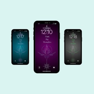 En uppsättning av 3 iPhone Android-bakgrundsbilder, kvinna i lotus som mediterar, motiverande vardagscitat, direkt nedladdningsbar mobiltelefonpapperskonst