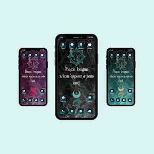 May include: Three screenshots of a mobile phone displaying a custom home screen with a dark background and a quote that reads "Peace begins when expectations end." The quote is in a white font with a decorative border. The home screen icons are circular and have a dark blue, teal, or gold color. The background of the home screen is a dark marble pattern.