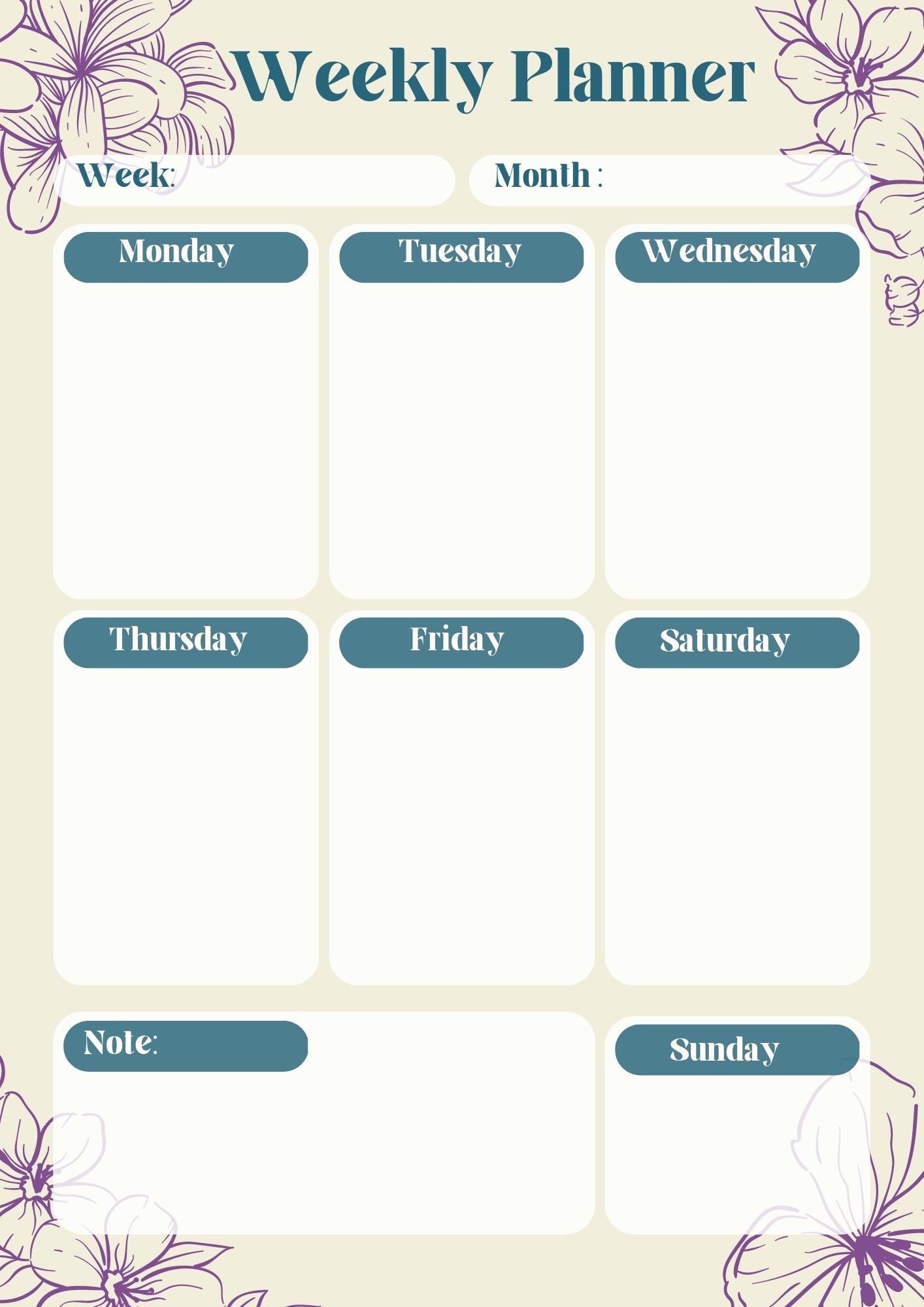 Weekly Planner Printable Desk Plan Pdf Instant Download Beige Violett ...