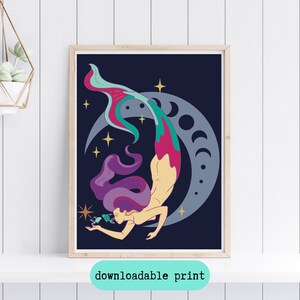 May include: A digital illustration of a mermaid with purple hair and a teal, pink, and yellow tail. The mermaid is swimming in front of a crescent moon with stars in the background.