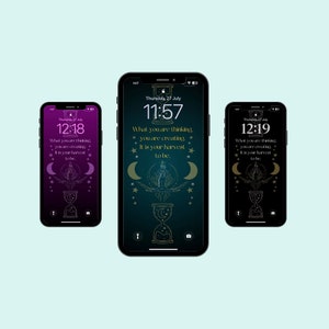 En uppsättning av 3 iPhone Android-bakgrundsbilder, astrologiskt himmelstema, direkt nedladdningsbart telefonpapper, månfaser sandklocka motiverande citat