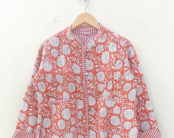 Orange Flower Print Quilted Cotton Jacket: Handmade Reversible Short Coat
