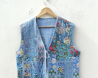 Handmade Cotton Patchwork Kantha Jacket: Bohemian Quilted Vest