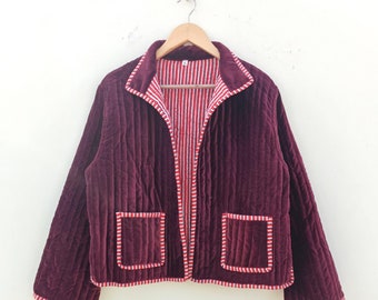 Handmade Cotton Velvet Quilted Jacket: Bohemian Winter Coat, Indian Quilted Velvet Jacket, Stylish Bobo Velvet Jacket, Gift For Her