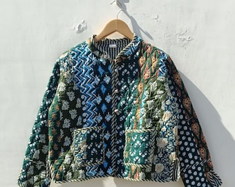 Handmade Quilted Cotton Jacket: Indian Floral Print Boho Coat