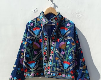 Handmade Velvet Embroidered Jacket: Indian Suzani Boho Coat