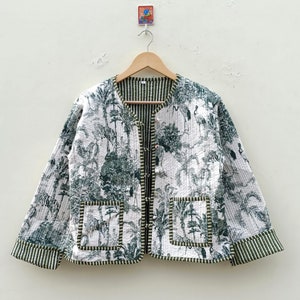 Cotton Quilted Jacket Women Wear Front Open Stripe Piping Green Flower Jacket Quilted Handmade Jacket, Coat Button Flower Coat Style