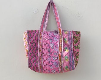 Handmade Quilted Cotton Tote Bag: Reversible Floral Print Shopper