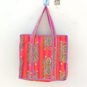 Sac à main indien fait main tigre orange imprimé coton matelassé sac à main femme sac fourre-tout fille sac à main à la mode mariée épaule coton sac